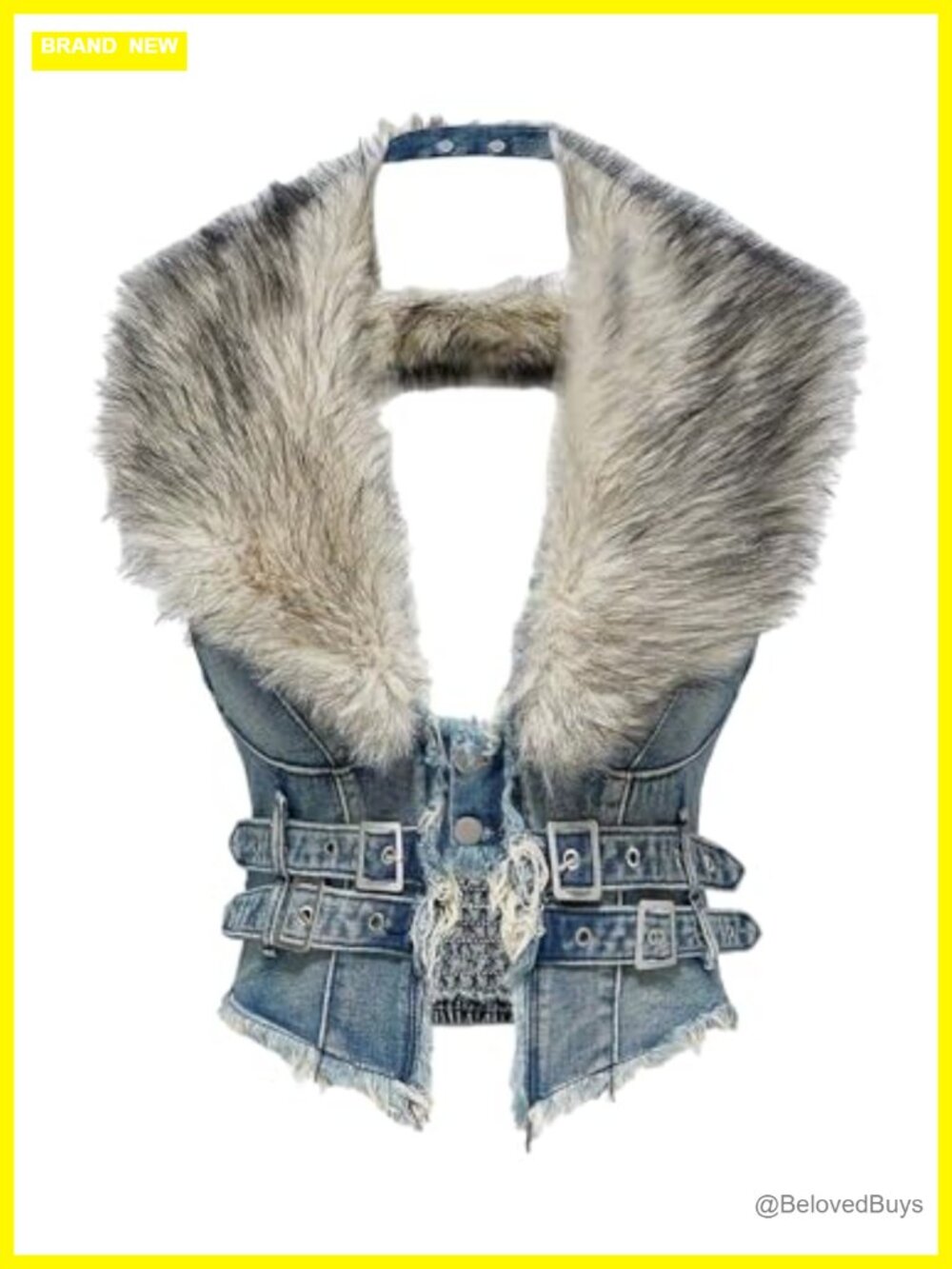Faux Fur Denim Vest Smocked Open Back Sleeveless Raw Trim Cropped Grunge Punk